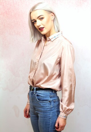 1980S VINTAGE PALE PINK SATIN BUTTON UP BLOUSE