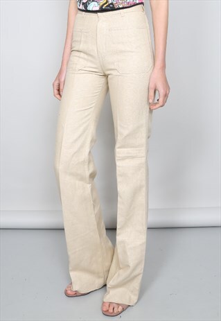 VINTAGE HIGH WAIST 70'S NATURAL LINEN STRAIGHT LEG TROUSERS