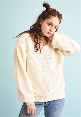 80'S RETRO CREAMY NEUTRAL EMBROIDERED MOMS KNIT JUMPER