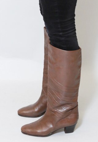 VINTAGE 1970'S BROWN LEATHER KNEE HIGH BOOTS