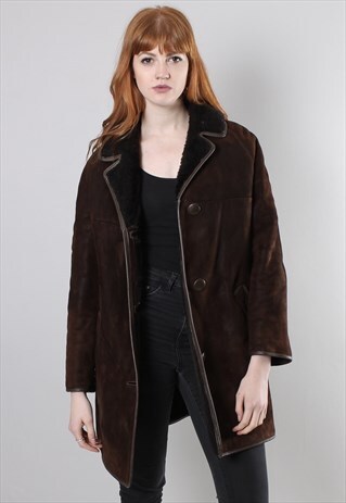 VINTAGE 80S DARK BROWN SHEEPSKIN SUEDE COAT JACKET