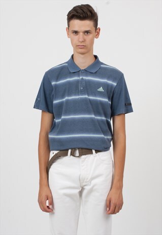 VINTAGE BLUE ADIDAS STRIPED SHORT SLEEVE POLO SHIRT TOP