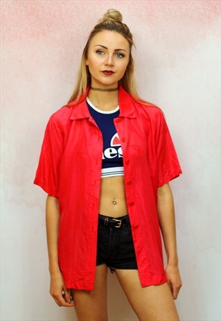 1980S VINTAGE SHORT SLEEVE OVERSIZED RED PURE SILK SHIRT
