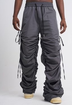 Distressed joggers wrinkled pants beam raver trousers grey