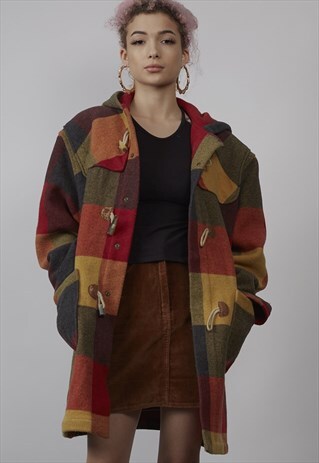 VINTAGE 80'S BENETTON HOODED TARTAN DUFFLE COAT