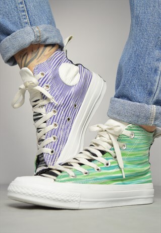 90S CONVERSE WHITE WITH BLACK PURPLE & GREEN STRIPED HI-TOPS