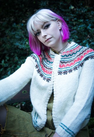 VINTAGE FAIR ISLE CARDIGAN KNITTED IN CREAM 80S