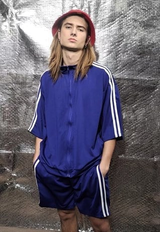 MULTI STRIPE TRACKSUIT 90S STYLE SHORTS SHIRT COMBO IN BLUE