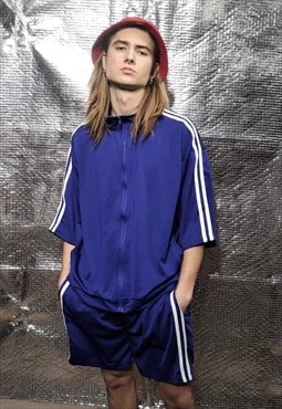 Multi stripe tracksuit 90s style shorts shirt combo in blue