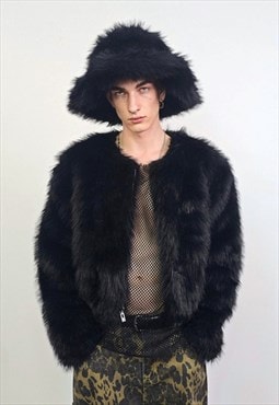 Collarless faux fur coat black cropped luxury fluffy bomber