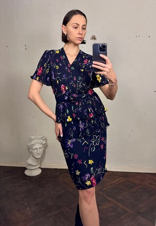 NAVY FLORAL PLEATED MIDI DRESS WITH RUFFLES
