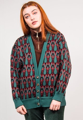 VINTAGE 90'S RED & GREEN KNIT PATTERN OVERSIZED CARDIGAN