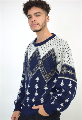 VINTAGE 90S NAVY WHITE PATTERN KNIT SWEATER
