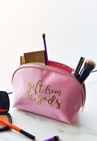 CURVED PINK MAKE UP COSMETIC BAG WITH GOLD PRINT