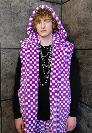 SKA CHECK FLEECE GILET HANDMADE SLEEVELESS CHESS HOOD JACKET