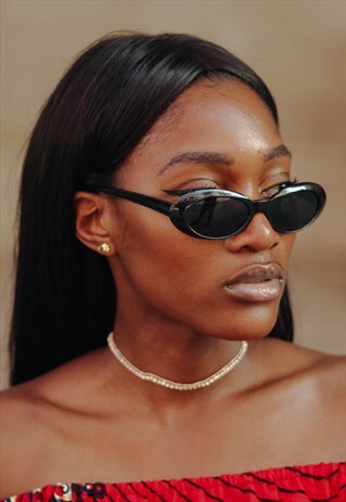 GIRL IN BLACK VINTAGE SUNGLASSES RETRO DEADSTOCK 1980'S