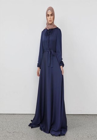 Navy Blue Satin Belted Long Sleeve Modest Abaya Maxi Dress