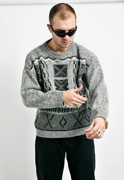 Vintage sweater men grey 80s retro geometric 90s knit jumper