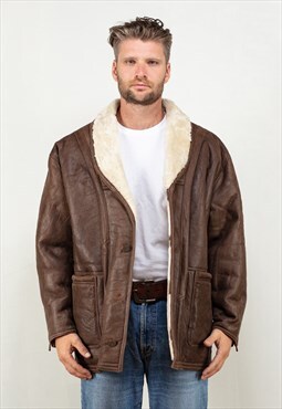 Vintage 80's Men Sheepskin Shearling Jacket in Brown