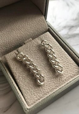 Silver Curb Chain Stud Drop Earrings for men