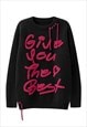 KNITTED GRUNGE JUMPER LETTER PATCH SWEATER PREMIUM TOP BLACK