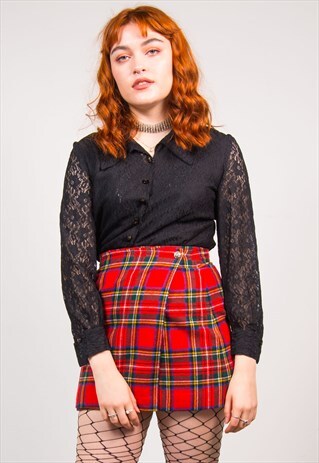 VINTAGE 90'S RED TARTAN CHECK HIGH WAIST WRAP MINI SKIRT
