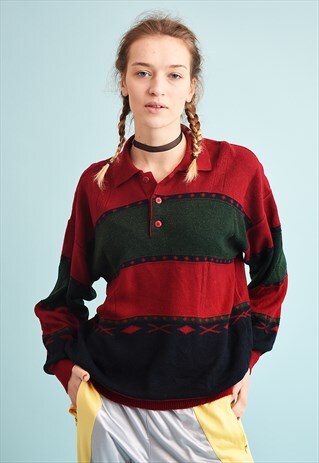 90'S RETRO STRIPED MAROON OVERSIZED DADS KNIT JUMPER