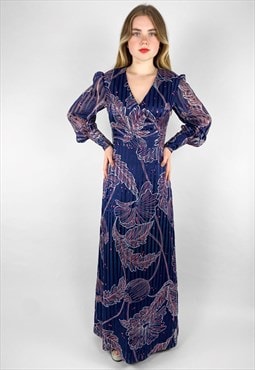 70's Vintage Ladies Dress Blue Floral Bell Sleeve Maxi Dress