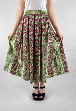 50's Vintage Green Floral Ladies Pleated Cotton Midi Skirt 