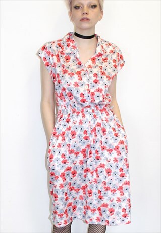 VINTAGE 80'S PRINT FLORAL RED TEA DRESS BOHO FESTIVAL STYLE