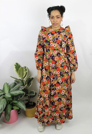 VINTAGE 1960S/70S ORANGE FLORAL MAXI DRESS