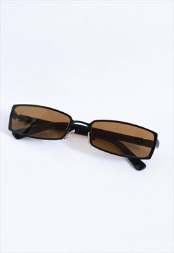 Brown Tinted Slim Metal Frame Rectangle Sunglasses