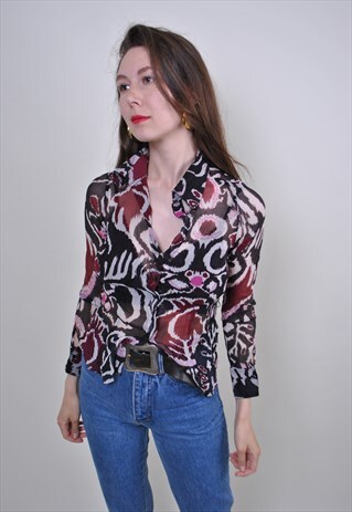VINTAGE ABSTRACT BLOUSE, RED PRINT 90S SEXY SHIRT
