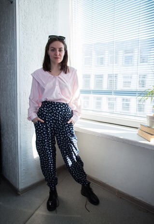 VINTAGE 80'S NAVY ANCHORS PRINT HIGH WAISTED SUMMER TROUSERS