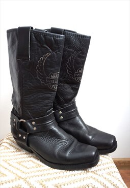 Vintage Black Genuine Leather Cowboy Western Boots Shoes
