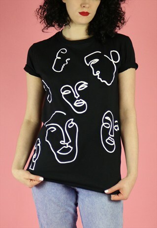 FACES FACE DESIGN GRAPHIC PRINT T-SHIRT - WHITE ON BLACK TOP