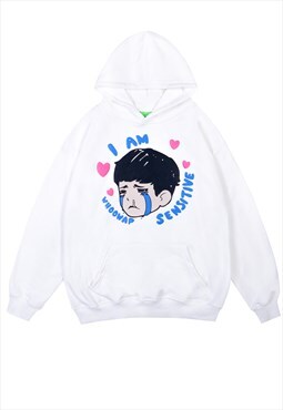 EMO hoodie cry boy pullover Anime patch top in white