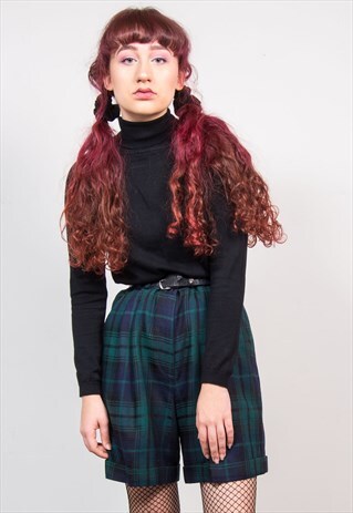 VINTAGE 90'S GREEN TARTAN CHECKED HIGH WAIST SHORTS