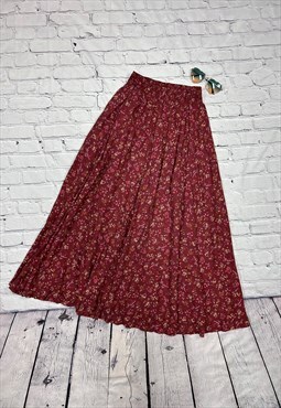 Vintage Dark Red Floral Print Midi Skirt