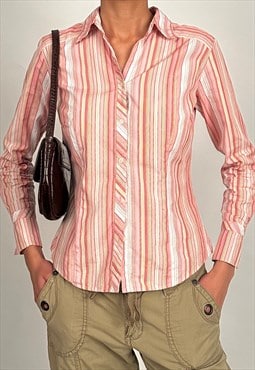 00s Pink & White Stripe Button Up Long Sleeve Tailored Shirt