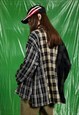 PATCH WORK SHIRT LONG SLEEVE CHECK BLOUSE PLAID TOP IN GREY