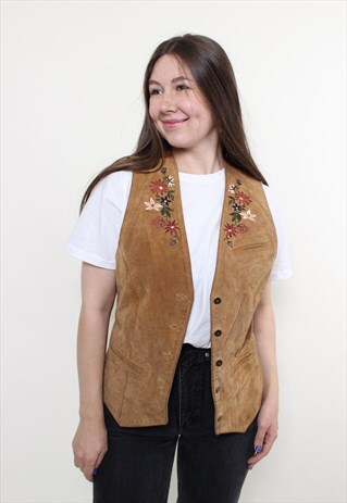 VINTAGE 80S LEATHER VEST, FLOWERS EMBROIDERY FOLK BROWN VEST