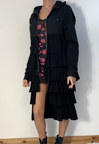 HANDMADE BLACK LONG TIERED FRILL HOODIE