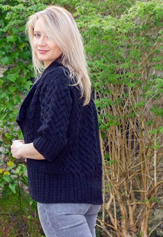 VINTAGE BLACK PURE IRISH WOOL ARAN CARDIGAN