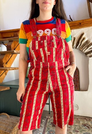 Vintage 90's Stripe Denim Bohemian Pattern Short Dungarees -