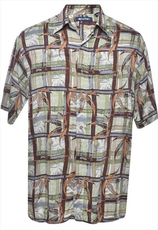 VINTAGE PURITAN OLIVE GREEN & BROWN LEAFY PRINT HAWAIIAN SHI
