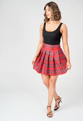 RED TARTAN CHECK PLEATED MINI MIDI SKIRT