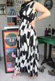 VINTAGE 60S BLACK WHITE PSYCHEDELIC PRINT EMPIRE MAXI DRESS