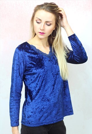 1990S VINTAGE BLUE TEXTURED VELVETEEN LONG SLEEVE TOP