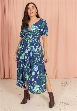 VINTAGE 80S MIDI DRESS IN BLUE FLORAL PRINT